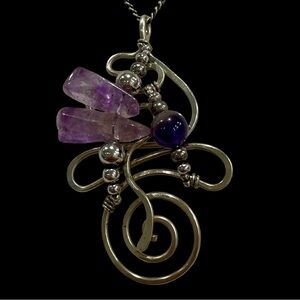 Silver Tone Wire and Amethyst Pendant